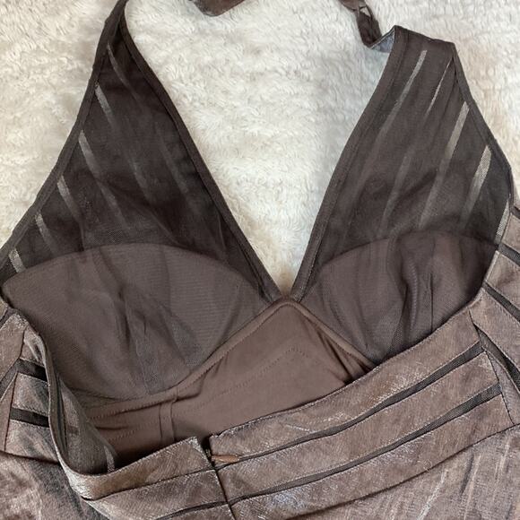 Cache chocolate brown scalloped bandage halter cocktail party dress, size 8 - Picture 9 of 12